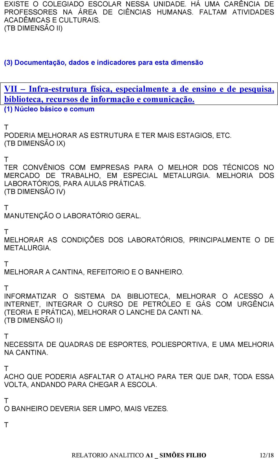 PODERIA MELHORAR AS ESRUURA E ER MAIS ESAGIOS, EC. (B DIMENSÃO IX) ER CONVÊNIOS COM EMPRESAS PARA O MELHOR DOS ÉCNICOS NO MERCADO DE RABALHO, EM ESPECIAL MEALURGIA.