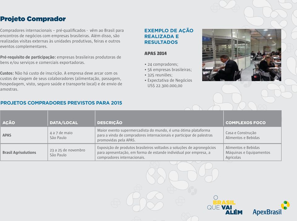 Pré-requisito de participação: empresas brasileiras produtoras de bens e/ou serviços e comerciais exportadoras. Custos: Não há custo de inscrição.