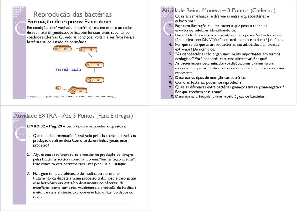 png Atividade Reino Monera 3 Pontos (Caderno) 1. Quais as semelhanças e diferenças entre arqueobactérias e eubactérias? 2.