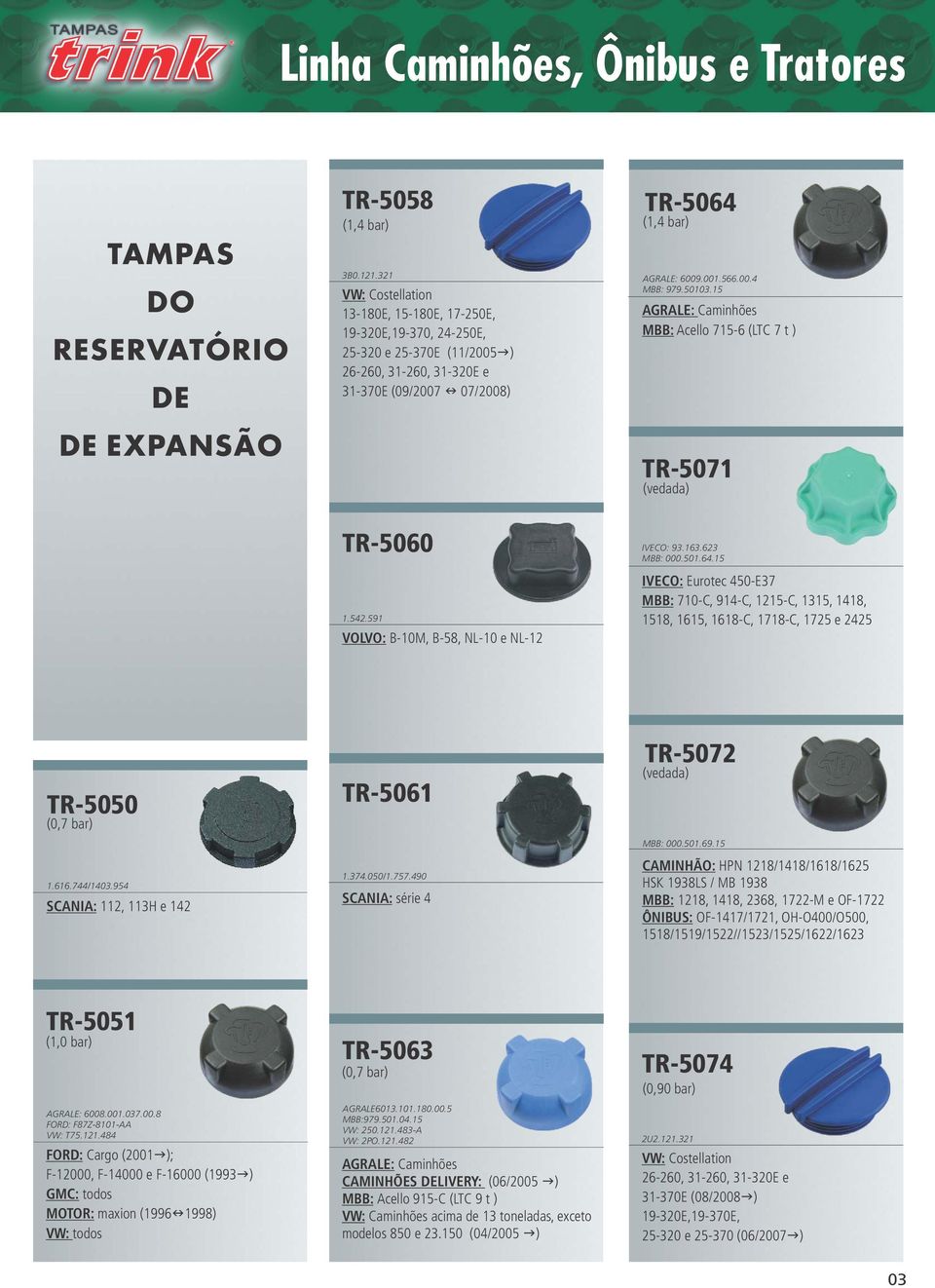 50103.15 AGRALE: Caminhões MBB: Acello 715-6 (LTC 7 t ) TR-5071 TR-5060 1.542.591 VOLVO: B-10M, B-58, NL-10 e NL-12 IVECO: 93.163.623 MBB: 000.501.64.