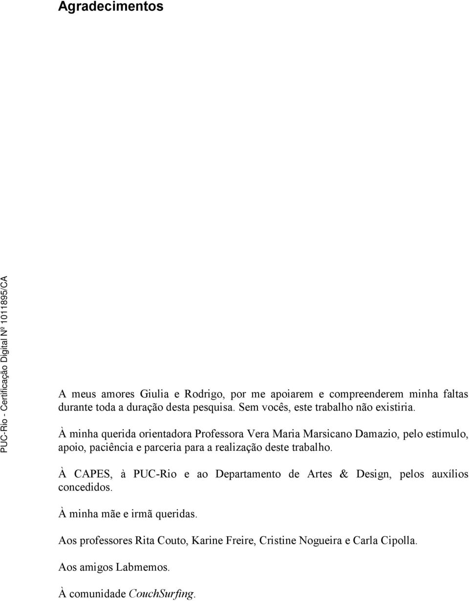 À minha querida orientadora Professora Vera Maria Marsicano Damazio, pelo estímulo, apoio, paciência e parceria para a realização deste