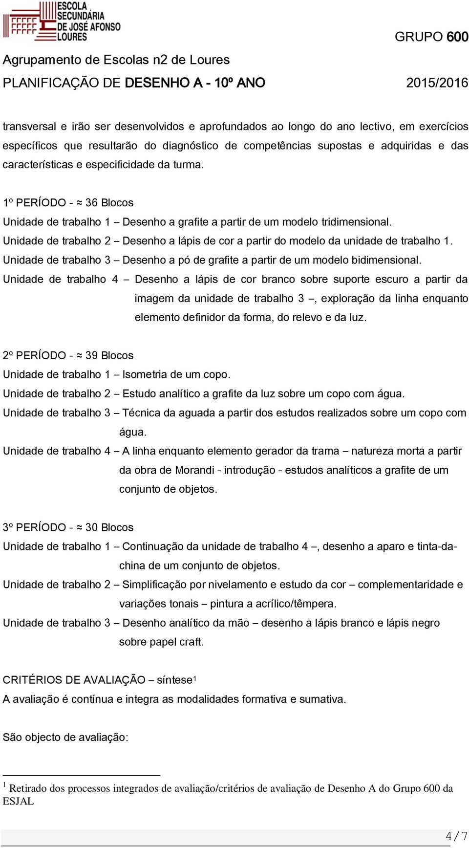 Unidade de trabalho 2 Desenho a lápis de cor a partir do modelo da unidade de trabalho 1. Unidade de trabalho 3 Desenho a pó de grafite a partir de um modelo bidimensional.