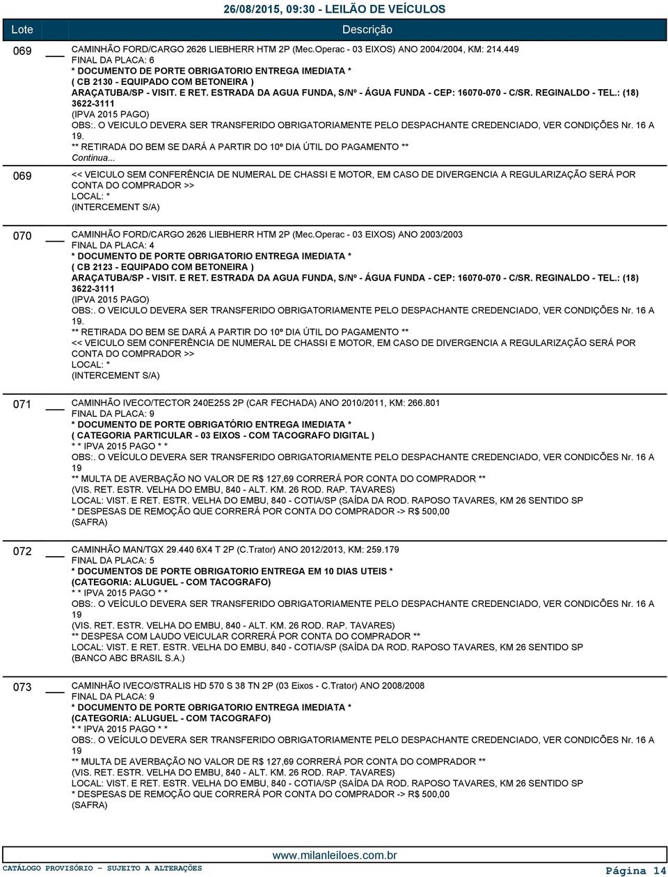 Operac - 03 EIXOS) ANO 2003/2003 FINAL DA PLACA: 4 ( CB 2123 - EQUIPADO COM BETONEIRA ) ARAÇATUBA/SP - VISIT. E RET. ESTRADA DA AGUA FUNDA, S/Nº - ÁGUA FUNDA - CEP: 16070-070 - C/SR. REGINALDO - TEL.