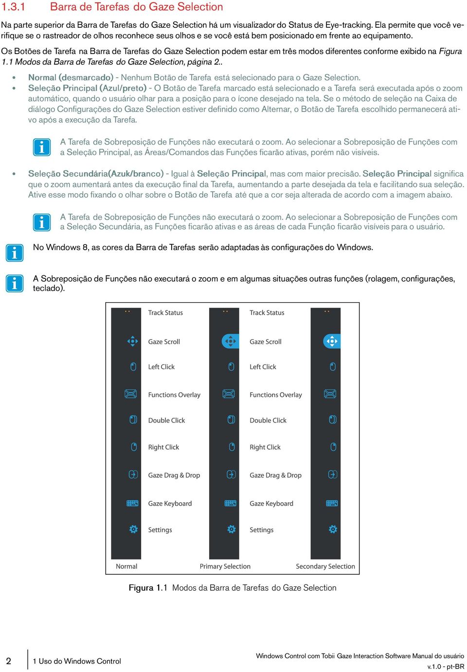 Os Botões de Tarefa na Barra de Tarefas do Gaze Selection podem estar em três modos diferentes conforme exibido na Figura 1.1ModosdaBarradeTarefas dogazeselection,página2.