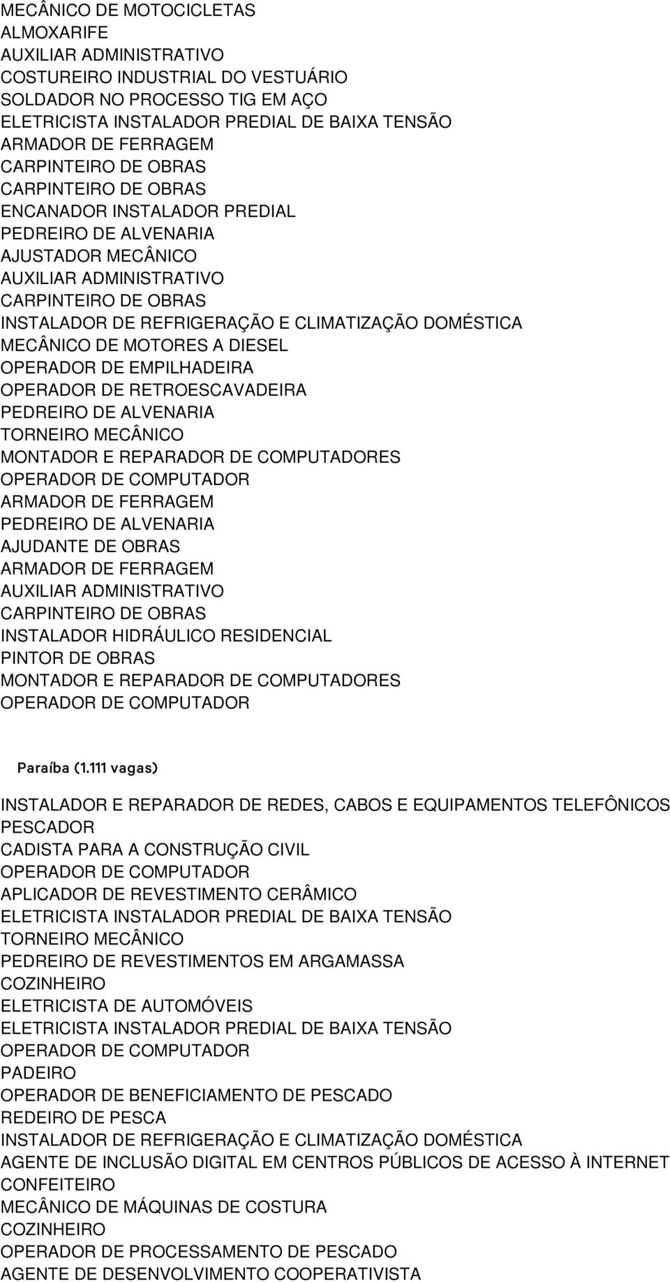 111 vagas) INSTALADOR E REPARADOR DE REDES, CABOS E EQUIPAMENTOS TELEFÔNICOS PESCADOR CADISTA PARA A CONSTRUÇÃO CIVIL COZINHEIRO ELETRICISTA DE AUTOMÓVEIS OPERADOR DE BENEFICIAMENTO DE PESCADO