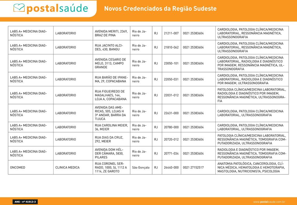 CARDIOLOGIA, PATOLOGIA CLÍNICA/MEDICINA LABORATORIAL, RADIOLOGIA E DIAGNÓSTICO POR IMAGEM, RESSONÂNCIA MAGNÉTICA, UL- TRASSONOGRAFIA RUA BARÃO DE IPANE- MA, 29, COPACABANA RJ 22050-031 0021 25383604