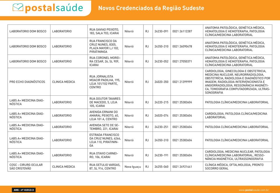 LABORATORIAL DOM BOSCO RUA CORONEL MOREI- RA CESAR, 26, SL 909, ICARAI Niterói RJ 24230-052 0021 27050371 ANATOMIA PATOLÓGICA, GENÉTICA MÉDICA, HEMATOLOGIA E HEMOTERAPIA, PATOLOGIA CLÍNICA/MEDICINA