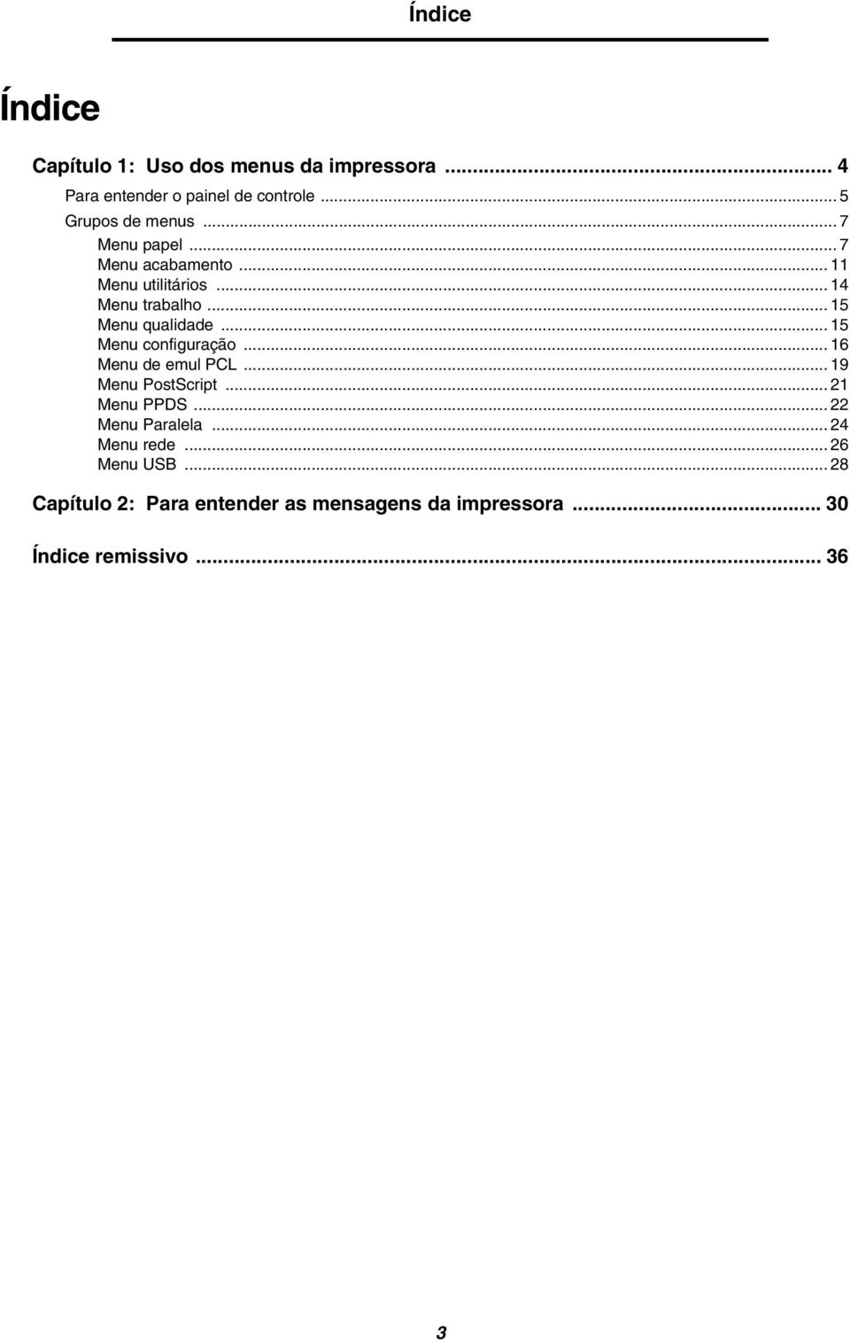 .. 15 Menu qualidade... 15 Menu configuração... 16 Menu de emul PCL... 19 Menu PostScript... 21 Menu PPDS.