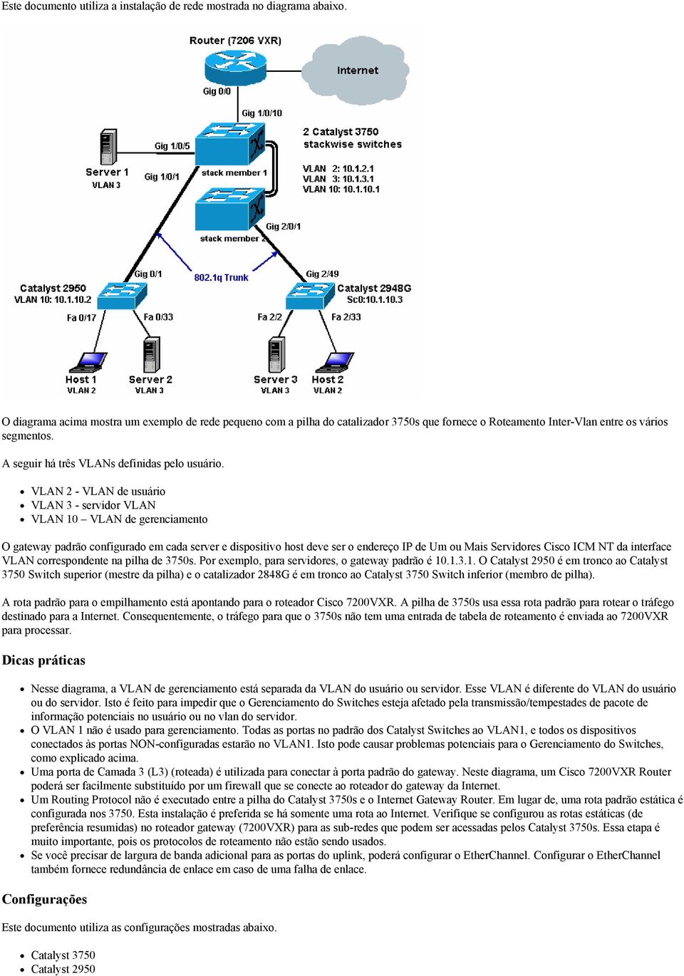 VLAN 2 - VLAN de usuário VLAN 3 - servidor VLAN VLAN 10 VLAN de gerenciamento O gateway padrão configurado em cada server e dispositivo host deve ser o endereço IP de Um ou Mais Servidores Cisco ICM