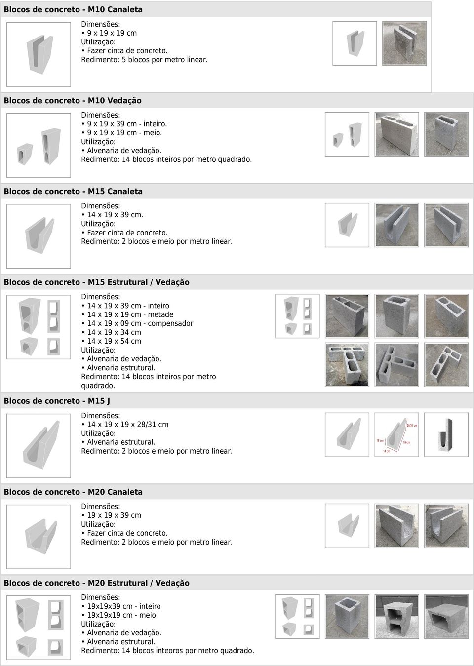 Blocos de concreto - M15 Estrutural / Vedação 14 x 19 x 39 cm - inteiro 14 x 19 x 19 cm - metade 14 x 19 x 09 cm - compensador 14 x 19 x 34 cm 14 x 19 x 54 cm Alvenaria de vedação.