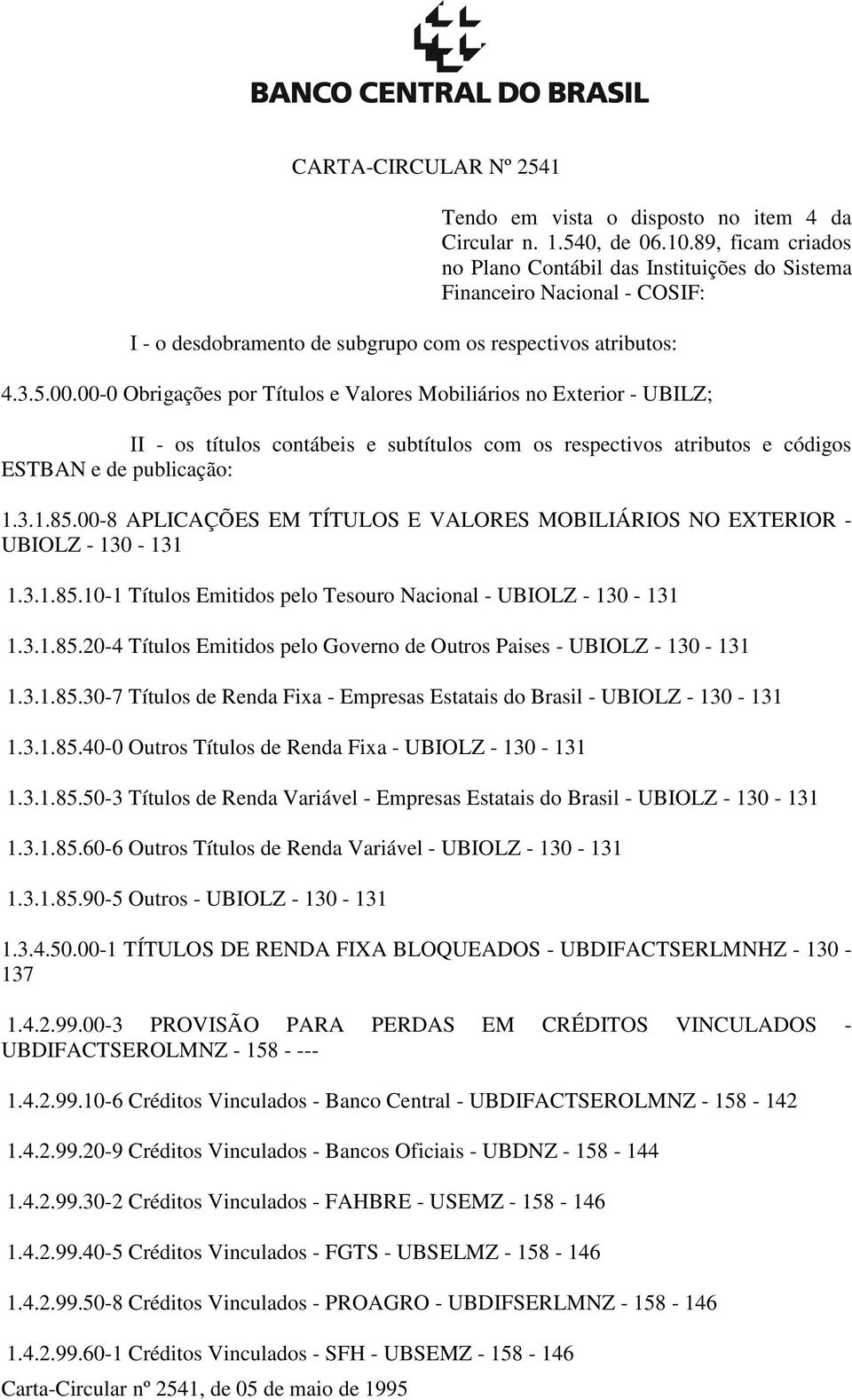 00-0 Obrigações por Títulos e Valores Mobiliários no Exterior - UBILZ; II - os títulos contábeis e subtítulos com os respectivos atributos e códigos ESTBAN e de publicação: 1.3.1.85.