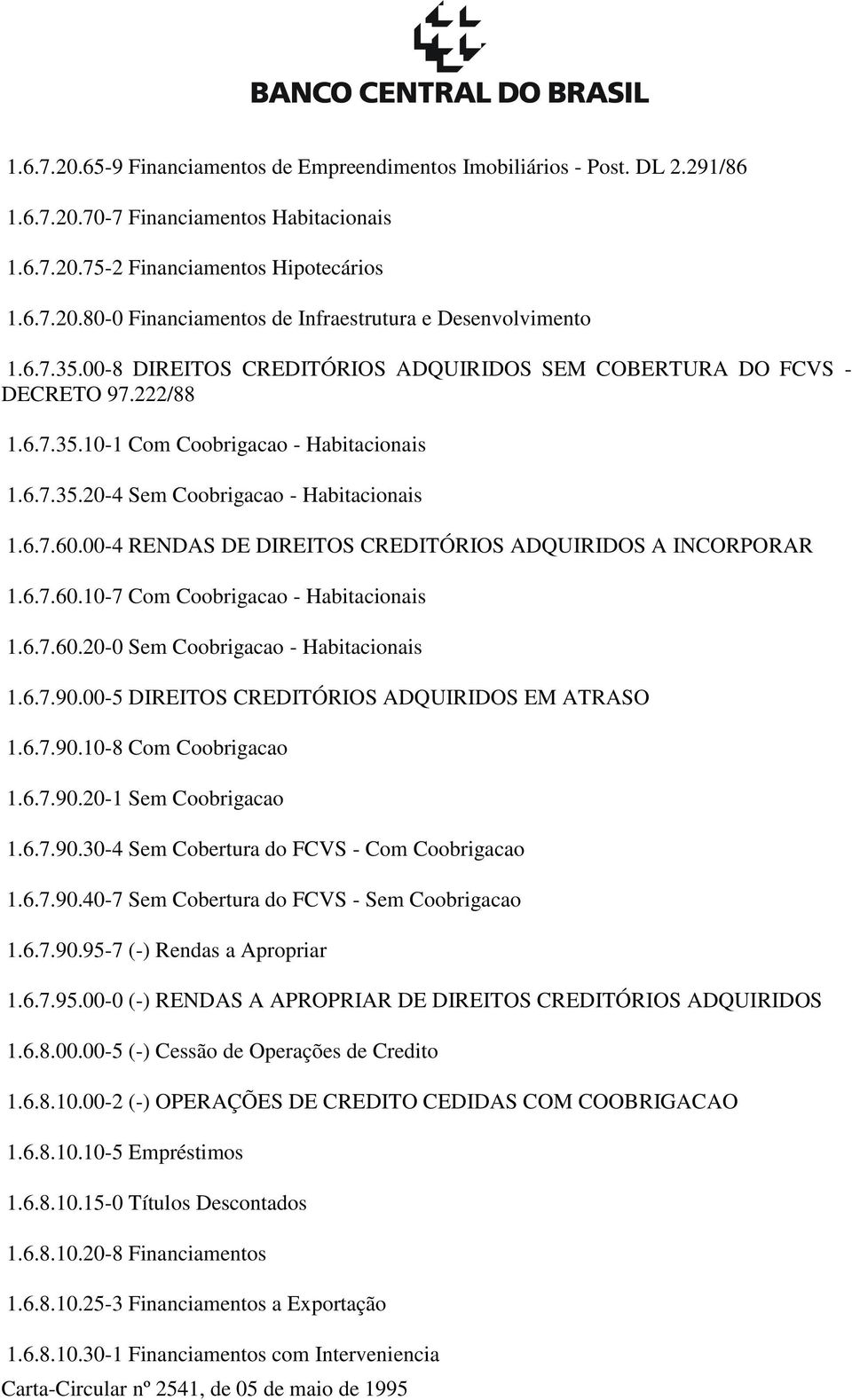 00-4 RENDAS DE DIREITOS CREDITÓRIOS ADQUIRIDOS A INCORPORAR 1.6.7.60.10-7 Com Coobrigacao - Habitacionais 1.6.7.60.20-0 Sem Coobrigacao - Habitacionais 1.6.7.90.