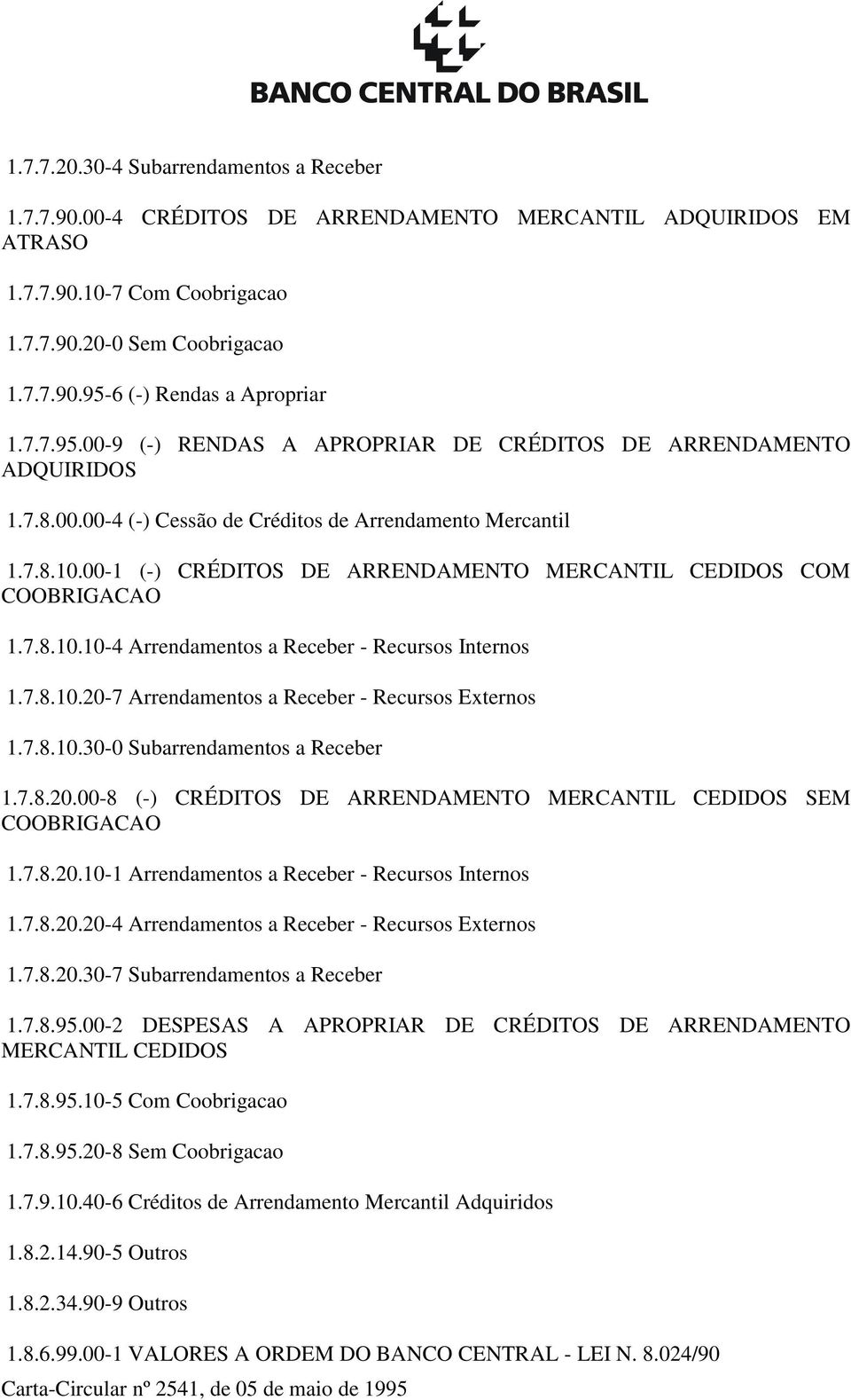 00-1 (-) CRÉDITOS DE ARRENDAMENTO MERCANTIL CEDIDOS COM COOBRIGACAO 1.7.8.10.10-4 Arrendamentos a Receber - Recursos Internos 1.7.8.10.20-7 Arrendamentos a Receber - Recursos Externos 1.7.8.10.30-0 Subarrendamentos a Receber 1.