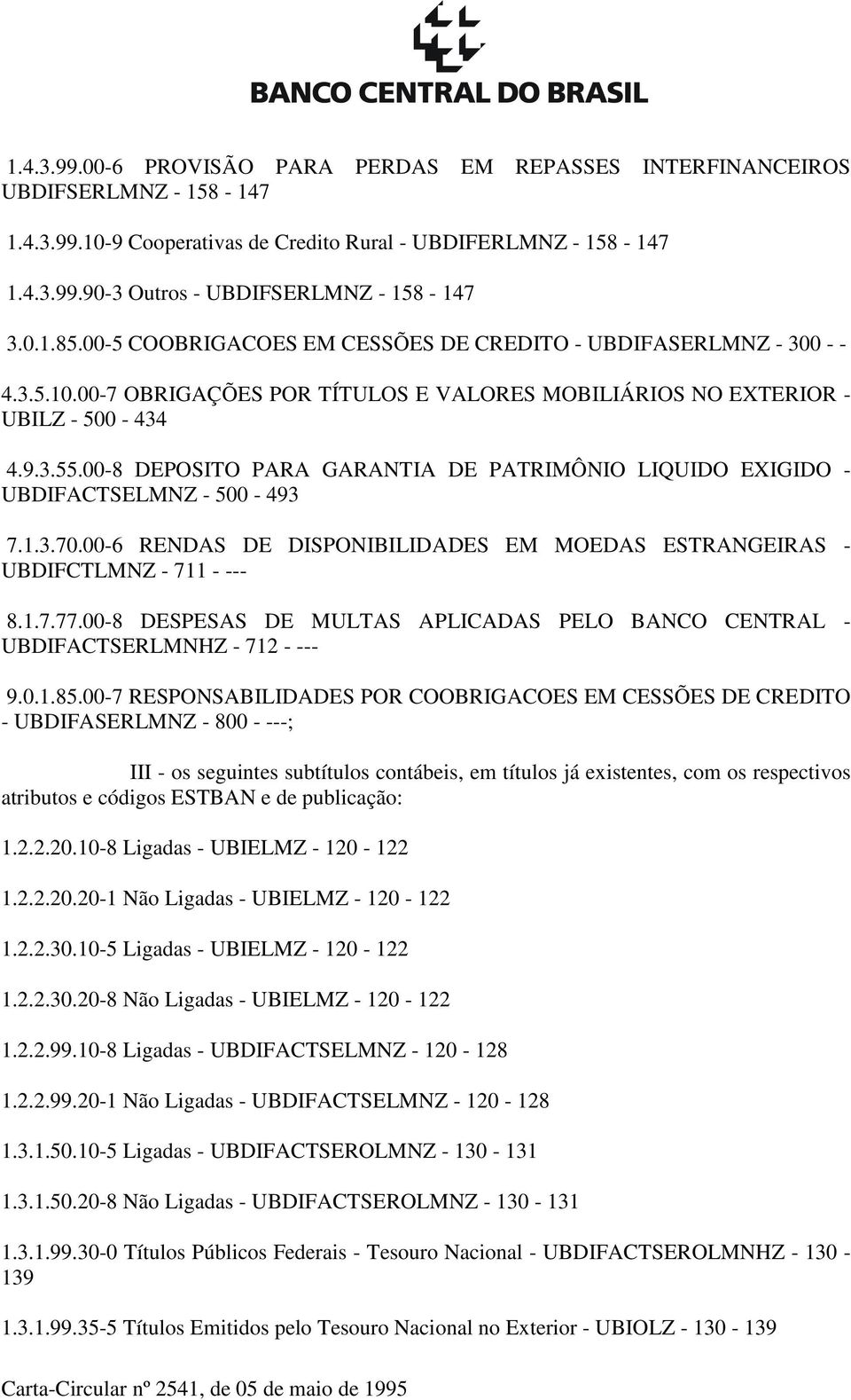 00-8 DEPOSITO PARA GARANTIA DE PATRIMÔNIO LIQUIDO EXIGIDO - UBDIFACTSELMNZ - 500-493 7.1.3.70.00-6 RENDAS DE DISPONIBILIDADES EM MOEDAS ESTRANGEIRAS - UBDIFCTLMNZ - 711 - --- 8.1.7.77.