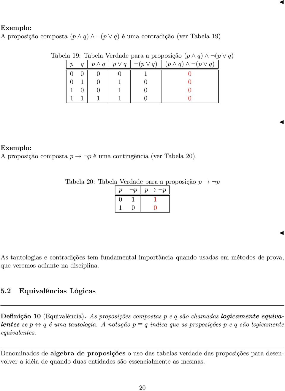 Tabela 20: Tabela Verdade para a proposição p p p p p p 0 1 1 1 0 0 As tautologias e contradições tem fundamental importância quando usadas em métodos de prova, que veremos adiante na disciplina. 5.