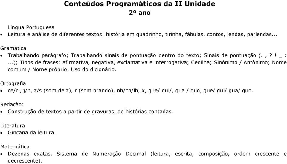 ..); Tipos de frases: afirmativa, negativa, exclamativa e interrogativa; Cedilha; Sinônimo / Antônimo; Nome comum / Nome próprio; Uso do dicionário.