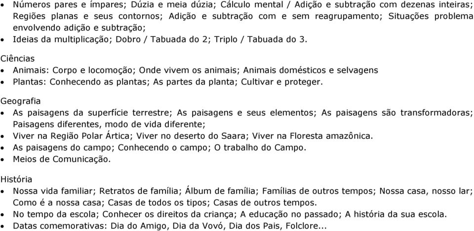 Ciências Animais: Corpo e locomoção; Onde vivem os animais; Animais domésticos e selvagens Plantas: Conhecendo as plantas; As partes da planta; Cultivar e proteger.