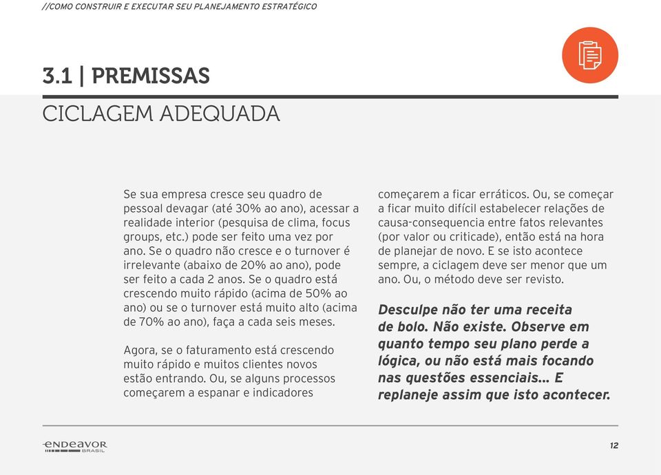 Se o quadro está crescendo muito rápido (acima de 50% ao ano) ou se o turnover está muito alto (acima de 70% ao ano), faça a cada seis meses.