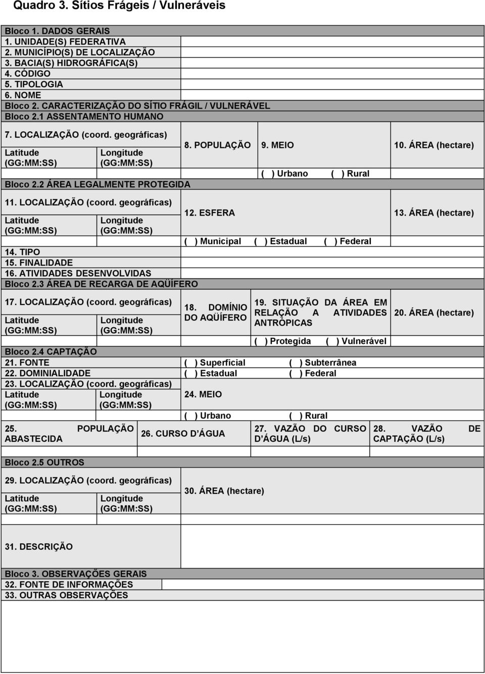 3 ÁREA DE RECARGA DE AQÜÍFERO 17. LOCALIZAÇÃO (coord. geográficas) 8. POPULAÇÃO 9. MEIO 10. ÁREA (hectare) ( ) Urbano ( ) Rural 12. ESFERA 13. ÁREA (hectare) ( ) Municipal ( ) Estadual ( ) Federal 18.