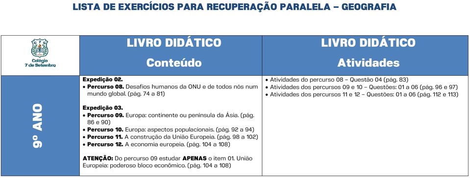 96 e 97) Atividades dos percursos 11 e 12 Questões: 01 a 06 (pág. 112 e 113) Expedição 03. Percurso 09. Europa: continente ou península da Ásia. (pág. 86 e 90) Percurso 10.