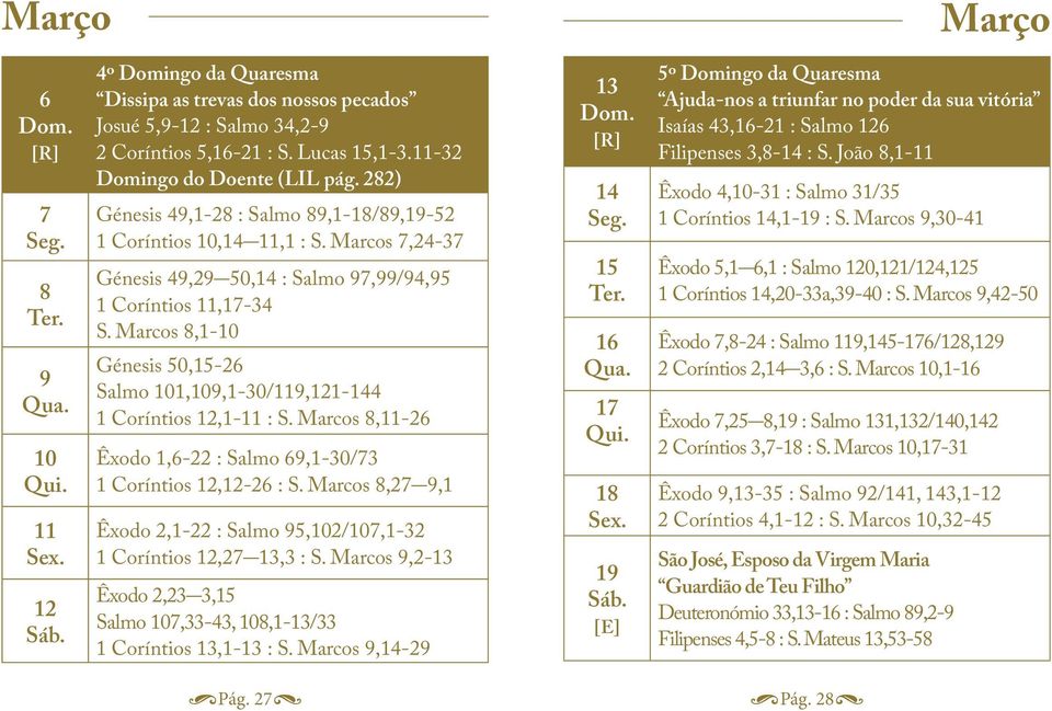 Marcos 8,1-10 Génesis 50,15-26 Salmo 101,109,1-30/119,121-144 1 Coríntios 12,1-11 : S. Marcos 8,11-26 Êxodo 1,6-22 : Salmo 69,1-30/73 1 Coríntios 12,12-26 : S.