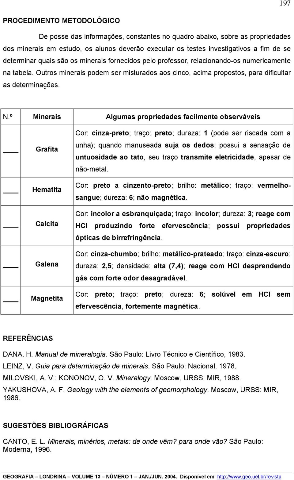 N.º Minerais Algumas propriedades facilmente observáveis Grafita Hematita Calcita Galena Magnetita Cor: cinza-preto; traço: preto; dureza: 1 (pode ser riscada com a unha); quando manuseada suja os