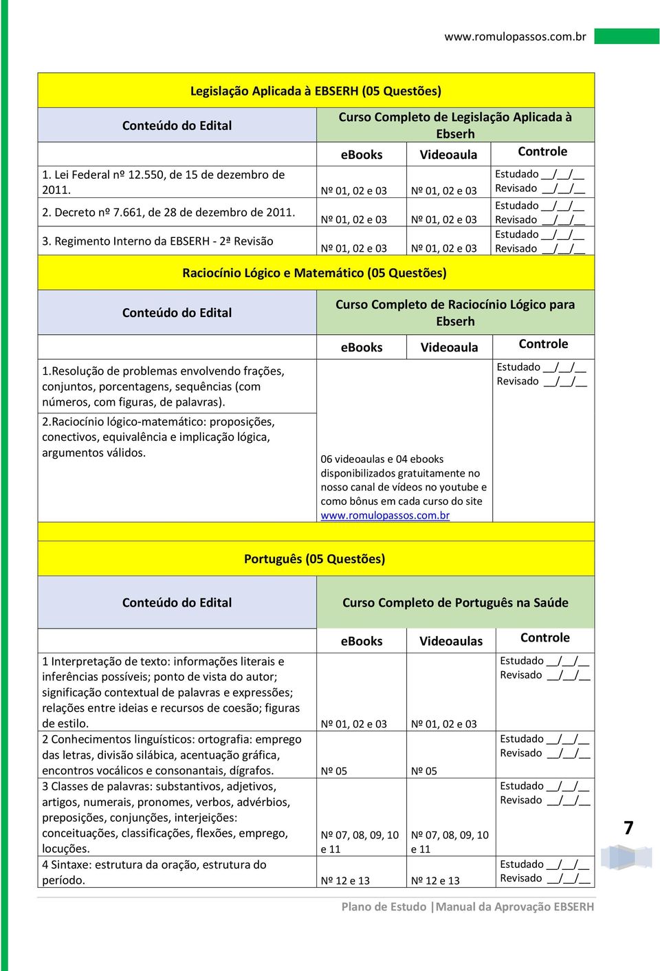 Regimento Interno da EBSERH - 2ª Revisão Nº 01, 02 e 03 Nº 01, 02 e 03 Nº 01, 02 e 03 Nº 01, 02 e 03 Raciocínio Lógico e Matemático (05 Questões) Conteúdo do Edital 1.