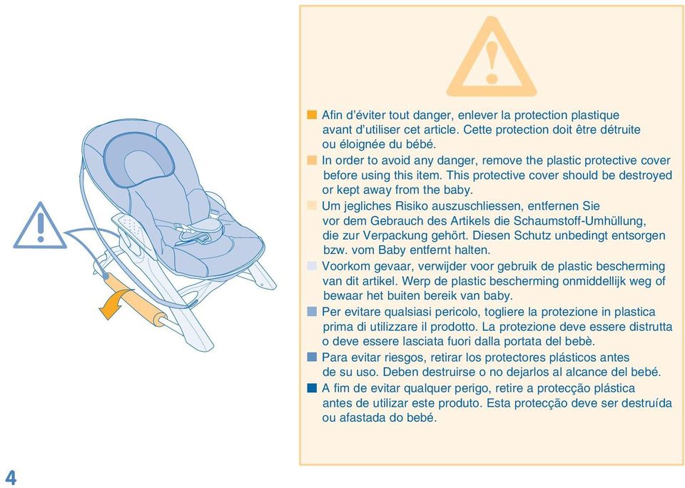 Um jegliches Risiko auszuschliessen, entfernen Sie vor dem Gebrauch des Artikels die Schaumstoff-Umhüllung, die zur Verpackung gehört. Diesen Schutz unbedingt entsorgen bzw. vom Baby entfernt halten.