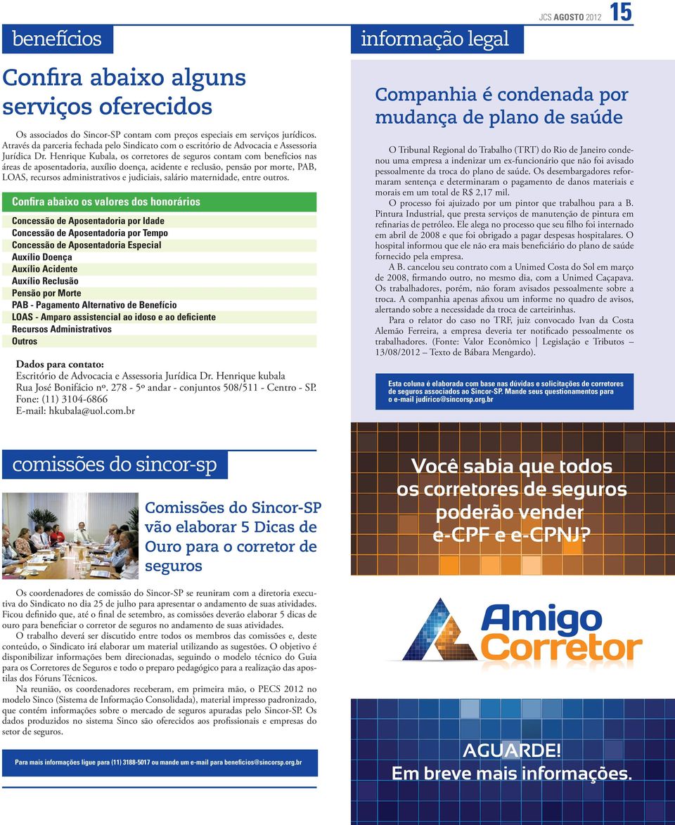 Henrique Kubala, os corretores de seguros contam com benefícios nas áreas de aposentadoria, auxílio doença, acidente e reclusão, pensão por morte, PAB, LOAS, recursos administrativos e judiciais,