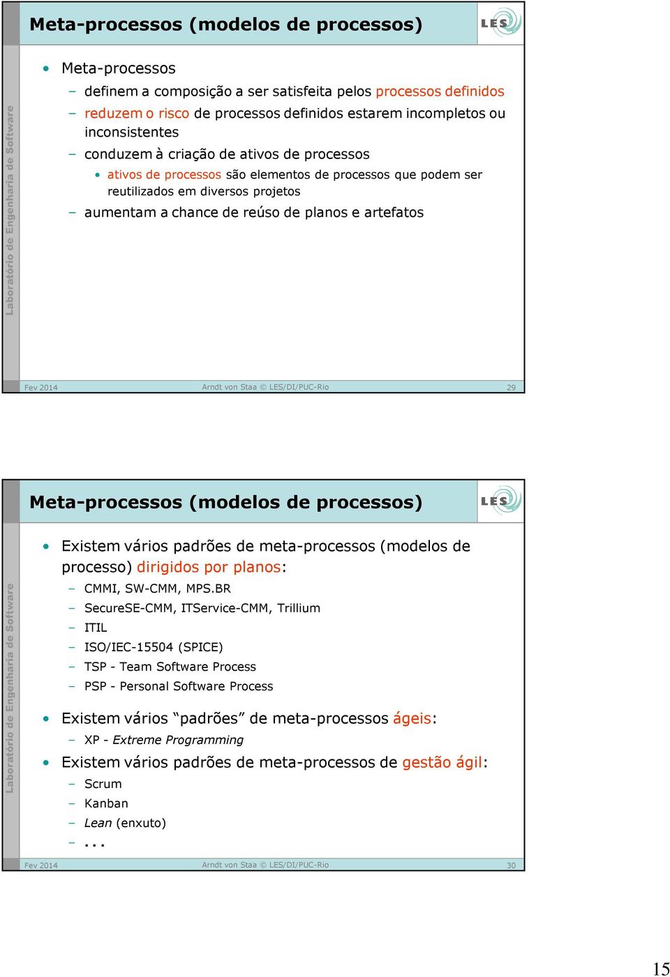 Meta-processos (modelos de processos) Existem vários padrões de meta-processos (modelos de processo) dirigidos por planos: CMMI, SW-CMM, MPS.