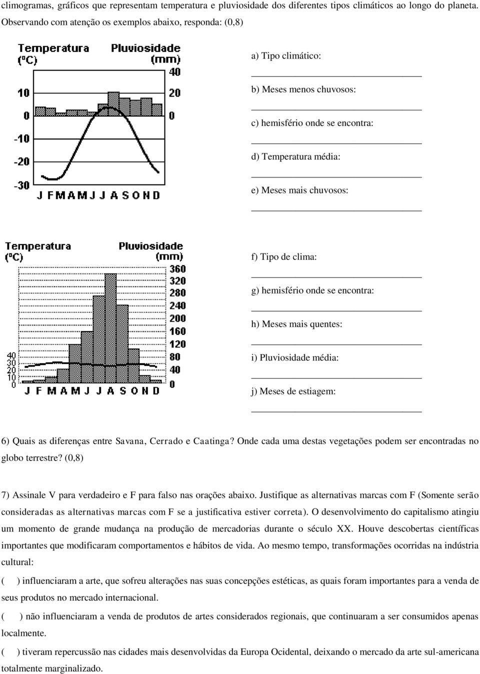 g) hemisfério onde se encontra: h) Meses mais quentes: i) Pluviosidade média: j) Meses de estiagem: 6) Quais as diferenças entre Savana, Cerrado e Caatinga?