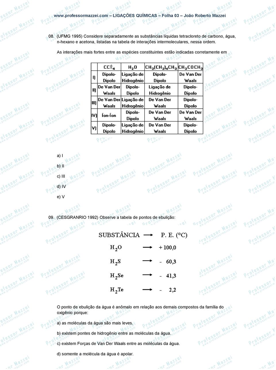 (CESGRANRIO 1992) Observe a tabela de pontos de ebulição: O ponto de ebulição da água é anômalo em relação aos demais compostos da família do oxigênio porque: a) as