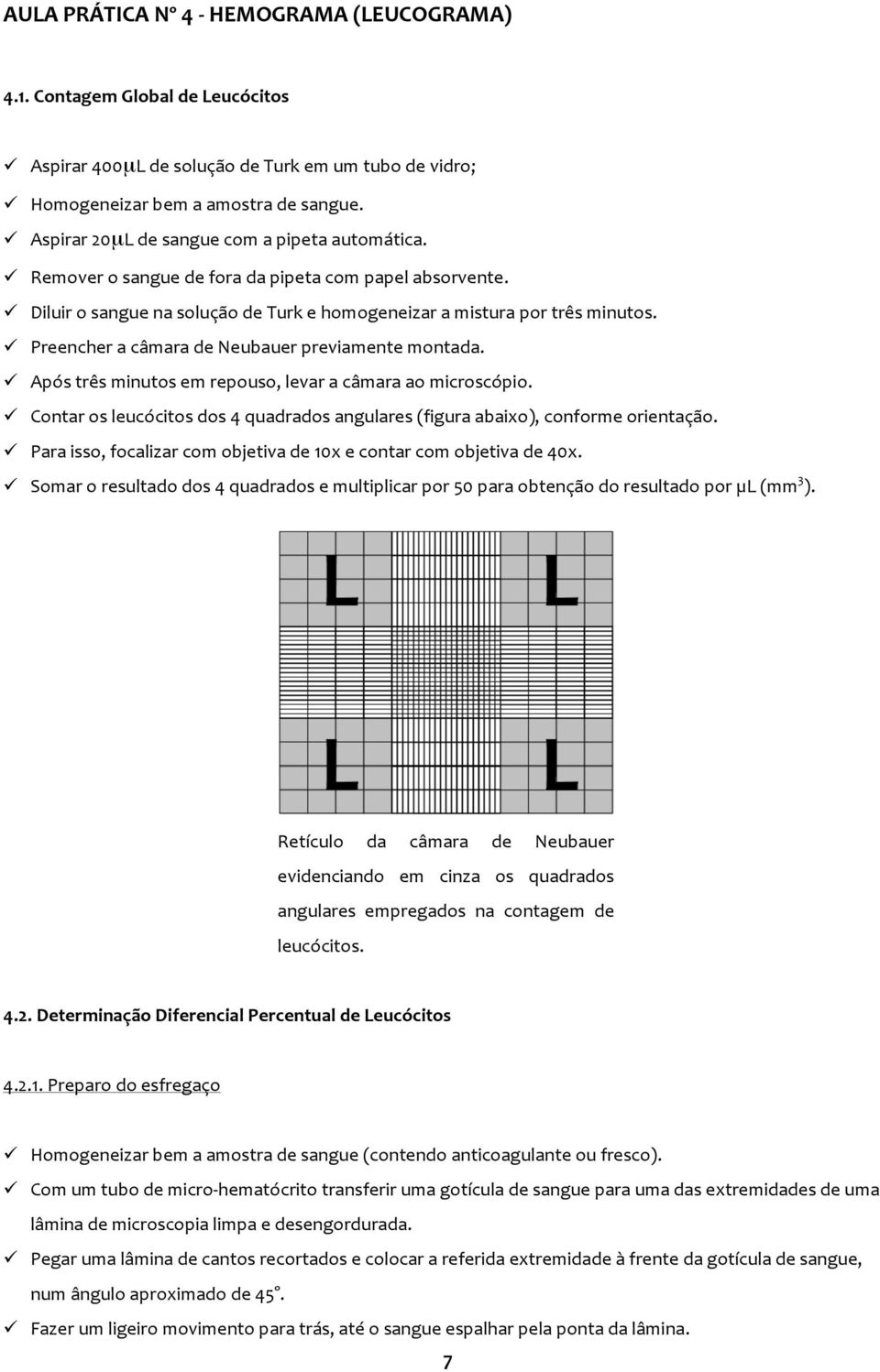 Preencher a câmara de Neubauer previamente montada. Após três minutos em repouso, levar a câmara ao microscópio. Contar os leucócitos dos 4 quadrados angulares (figura abaixo), conforme orientação.