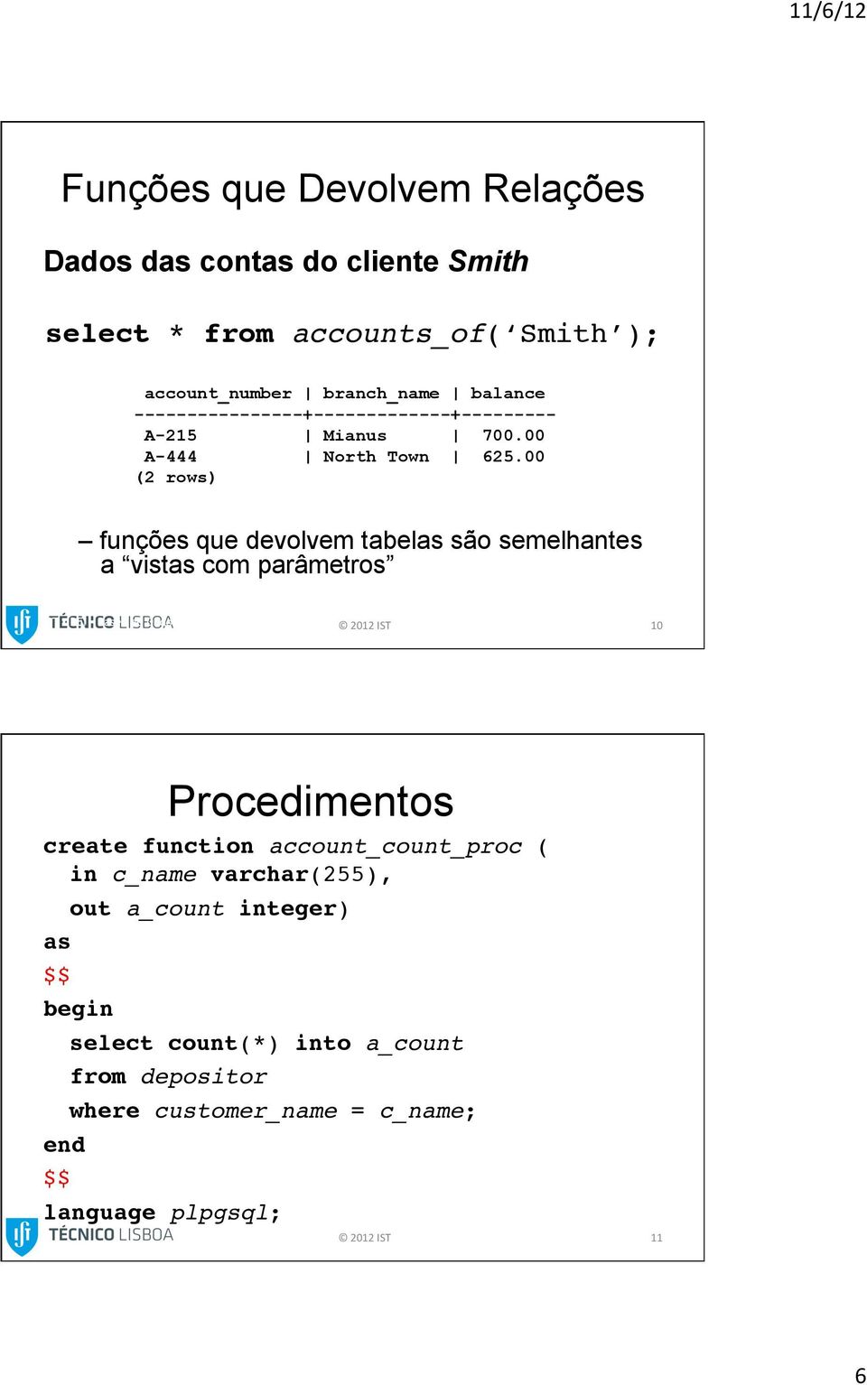 00 (2 rows) funções que devolvem tabelas são semelhantes a vistas com parâmetros IST DEI Bases de Dados 10 Procedimentos create function