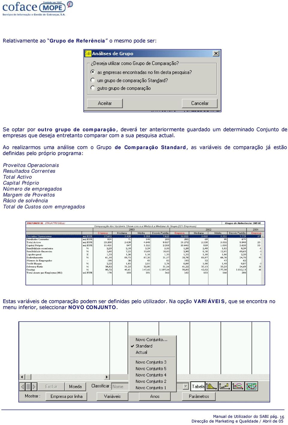 Ao realizarmos uma análise com o Grupo de Comparação Standard, as variáveis de comparação já estão definidas pelo próprio programa: Proveitos Operacionais Resultados Correntes