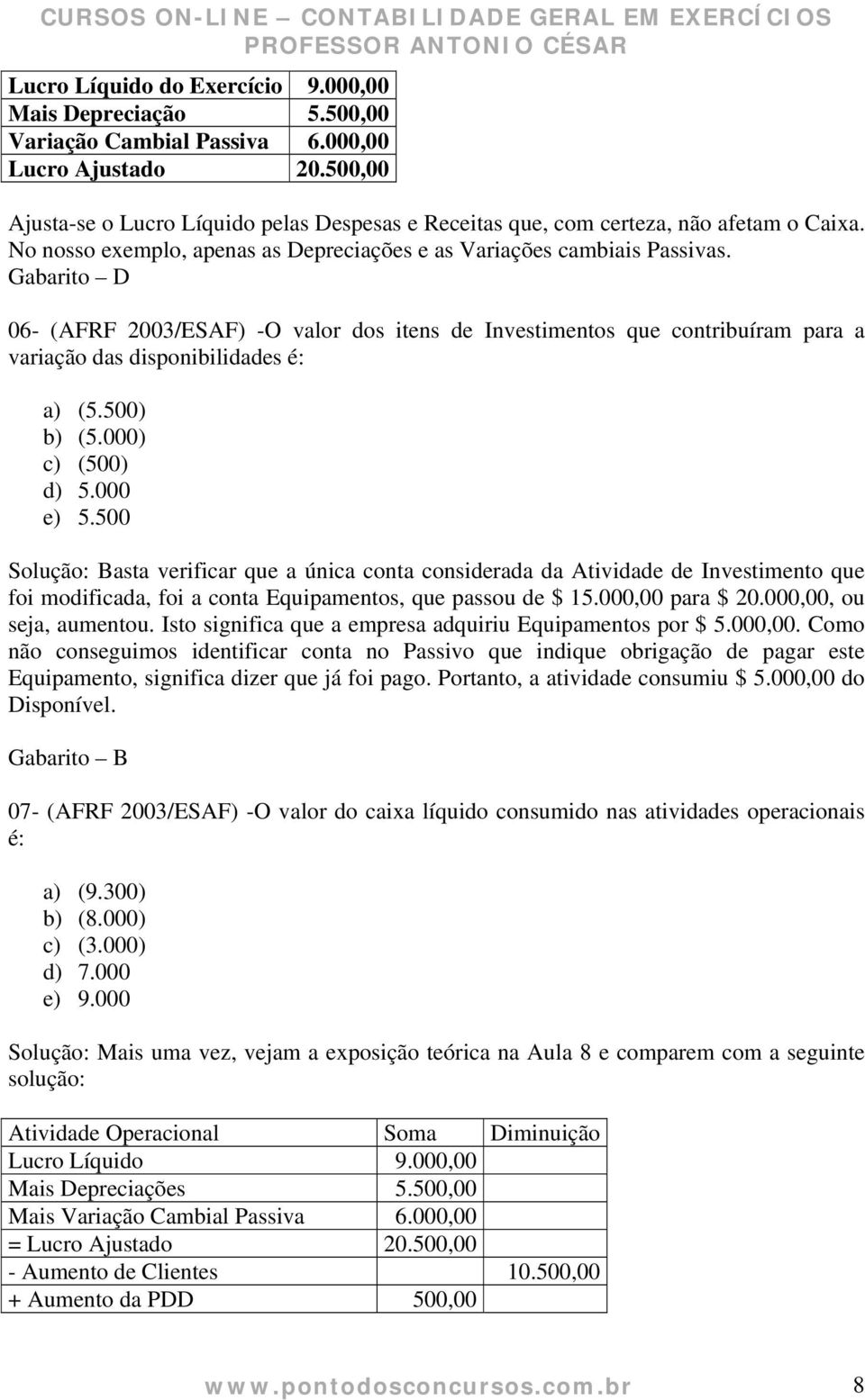 Gabarito D 06- (AFRF 2003/ESAF) -O valor dos itens de Investimentos que contribuíram para a variação das disponibilidades é: a) (5.500) b) (5.000) c) (500) d) 5.000 e) 5.