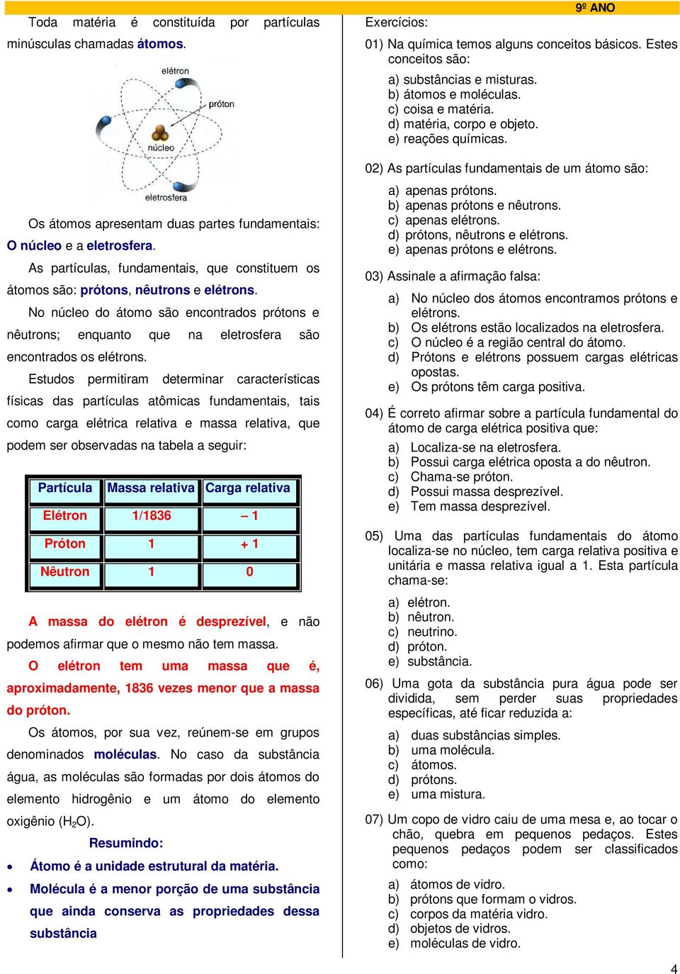 As partículas, fundamentais, que constituem os átomos são: prótons, nêutrons e elétrons. No núcleo do átomo são encontrados prótons e nêutrons; enquanto que na eletrosfera são encontrados os elétrons.