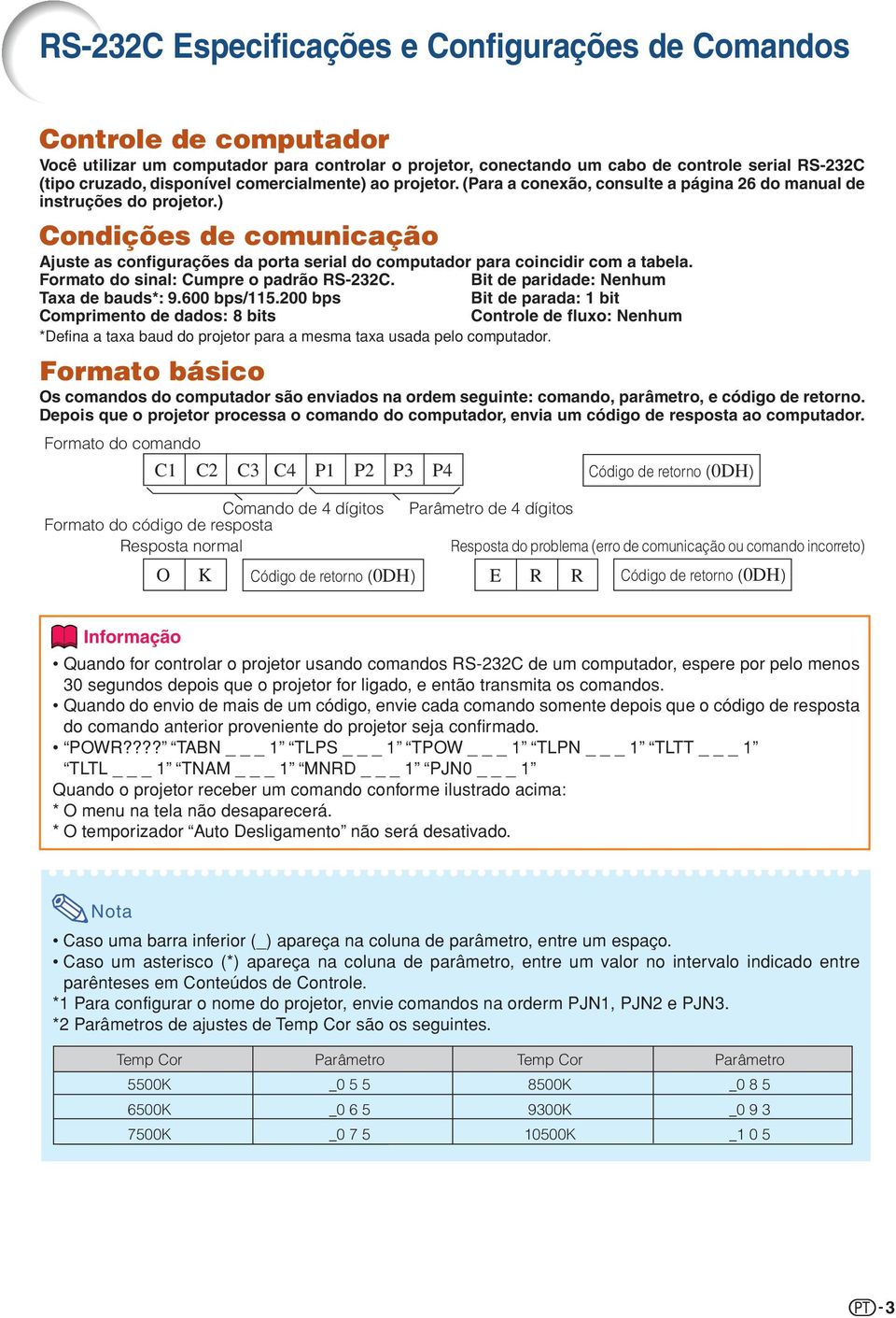 ) Condições de comunicação juste as configurações da porta serial do computador para coincidir com a tabela. Formato do sinal: Cumpre o padrão -3C. it de paridade: Nenhum axa de bauds: 9.6 bps/5.