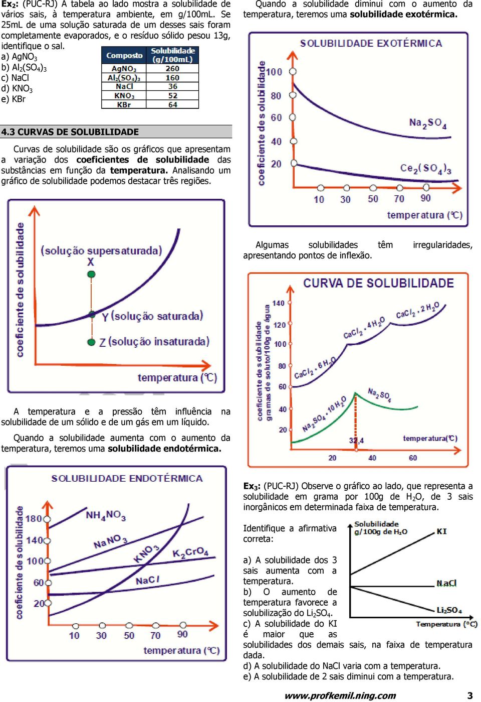 a) AgNO 3 b) Al 2 (SO 4 ) 3 c) NaCl d) KNO 3 e) KBr Quando a solubilidade diminui com o aumento da temperatura, teremos uma solubilidade exotérmica. 4.3 CURVAS DE SOLUBILIDADE Curvas de solubilidade são os gráficos que apresentam a variação dos coeficientes de solubilidade das substâncias em função da temperatura.