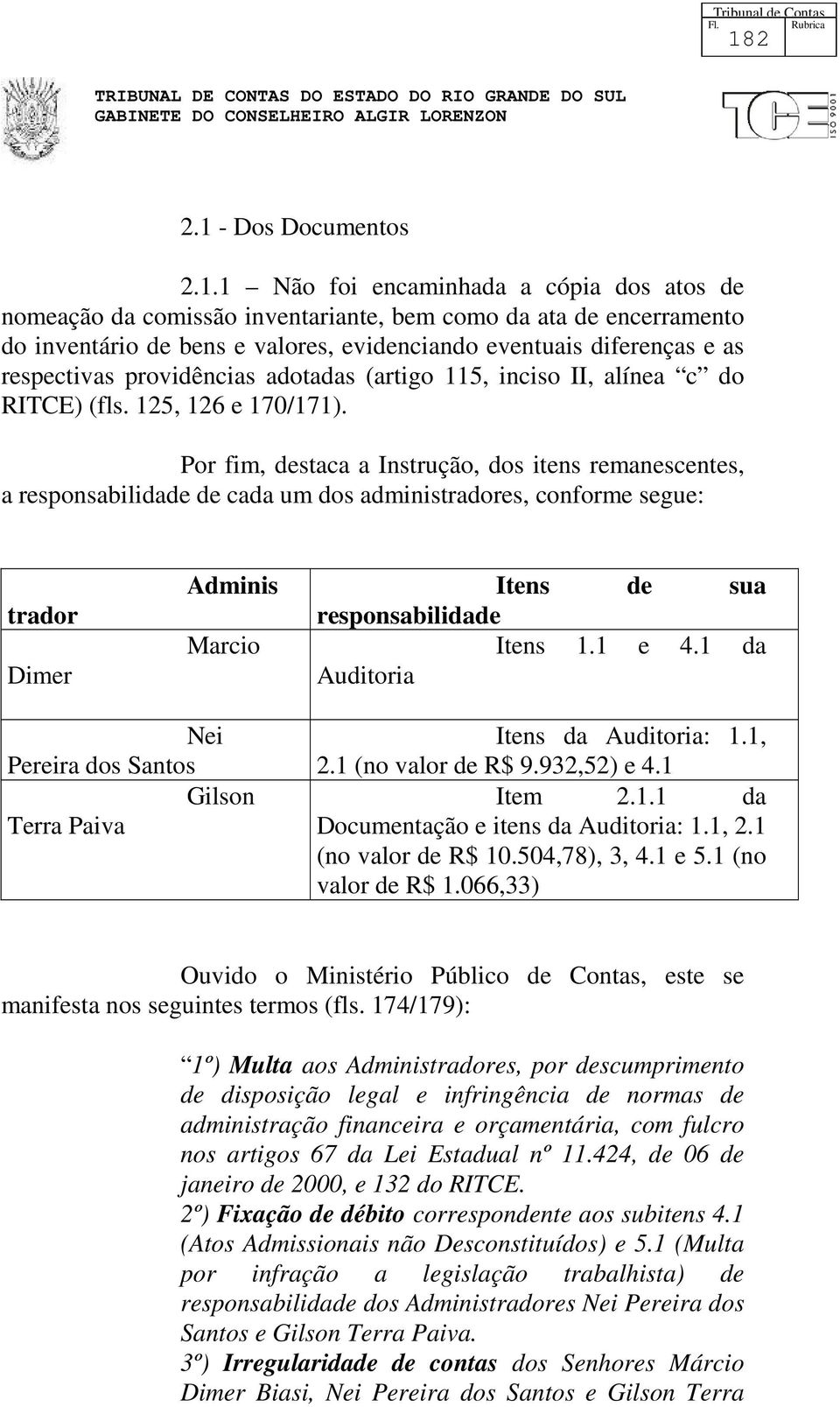 Por fim, destaca a Instrução, dos itens remanescentes, a responsabilidade de cada um dos administradores, conforme segue: trador Dimer Adminis Marcio Itens de sua responsabilidade Itens 1.1 e 4.