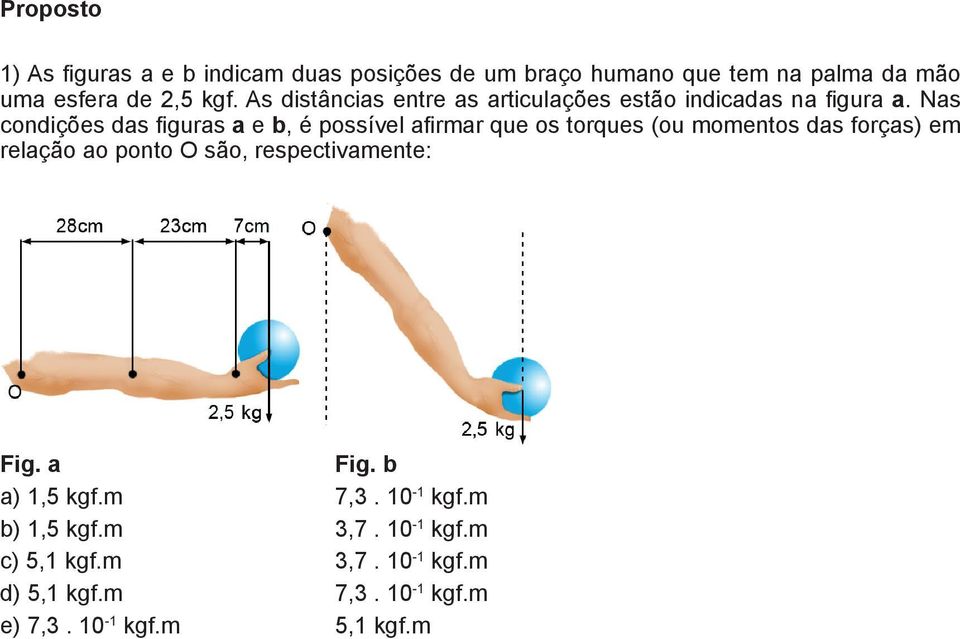 Nas condições das figuras a e b, é possível afirmar que os torques (ou momentos das forças) em relação ao ponto O são,