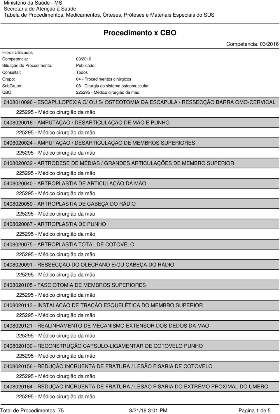 S/ OSTEOTOMIA DA ESCAPULA / RESSECÇÃO BARRA OMO-CERVICAL 0408020016 - AMPUTAÇÃO / DESARTICULAÇÃO DE MÃO E PUNHO 0408020024 - AMPUTAÇÃO / DESARTICULAÇÃO DE MEMBROS SUPERIORES 0408020032 - ARTRODESE DE