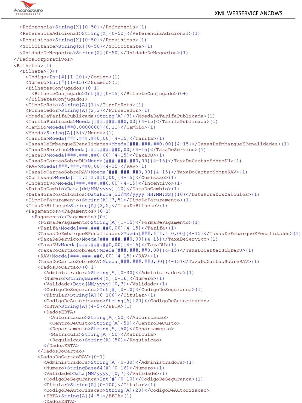 <BilheteConjugado>Int[#]{0-15}</BilheteConjugado>(0+) </BilhetesConjugados> <TipoDeRota>String[A]{1}</TipoDeRota>(1) <Fornecedor>String[A]{2,3}</Fornecedor>(1)