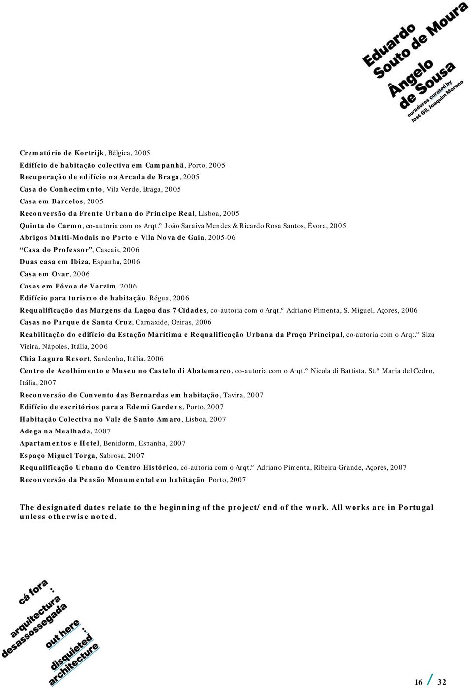 º João Saraiva Mendes & Ricardo Rosa Santos, Évora, 2005 Abrigos Multi-Modais no Porto e Vila Nova de Gaia, 2005-06 Casa do Professor, Cascais, 2006 Duas casa em Ibiza, Espanha, 2006 Casa em Ovar,