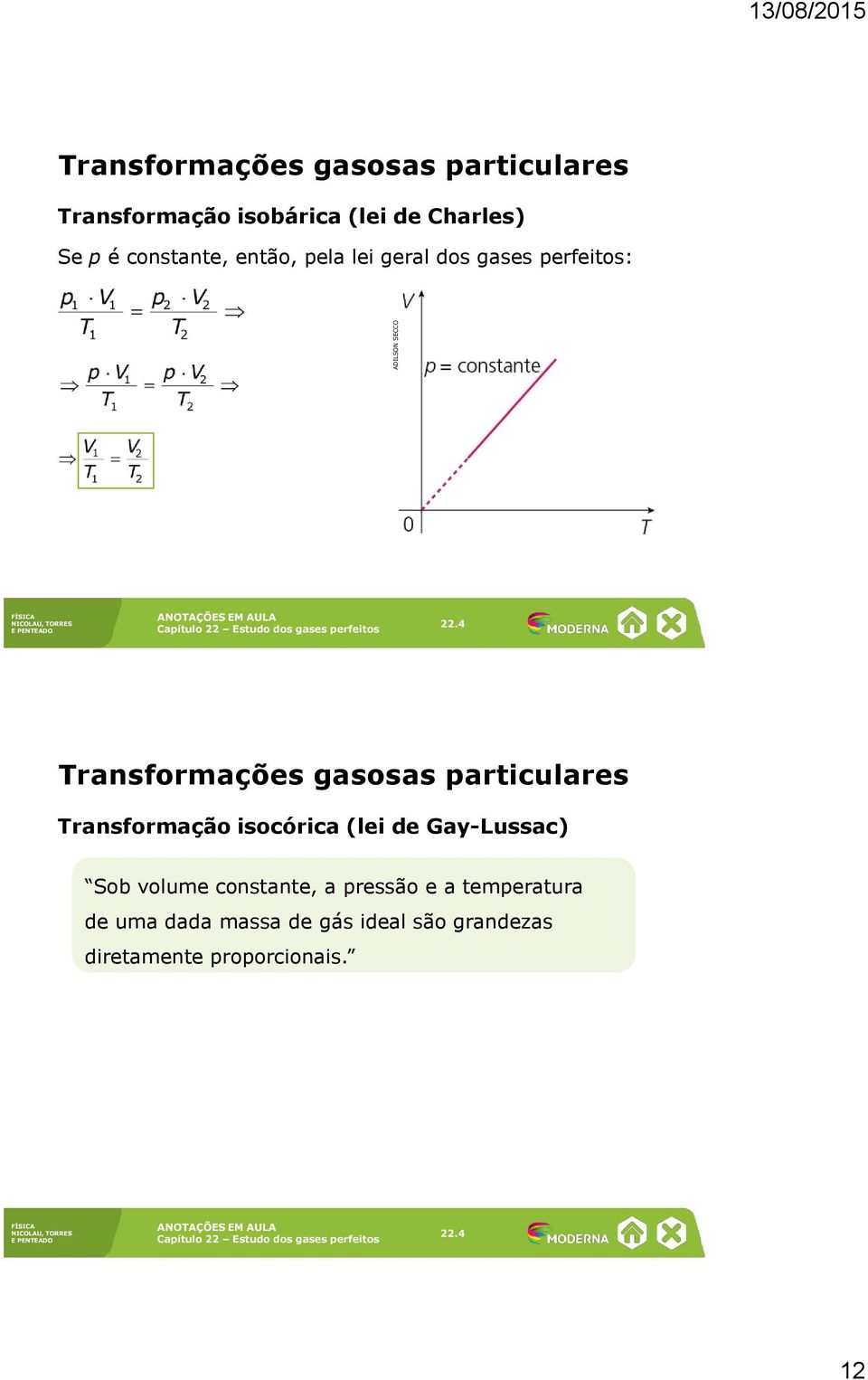 isocórica (lei de Gay-Lussac) Sob volume constante, a pressão e a