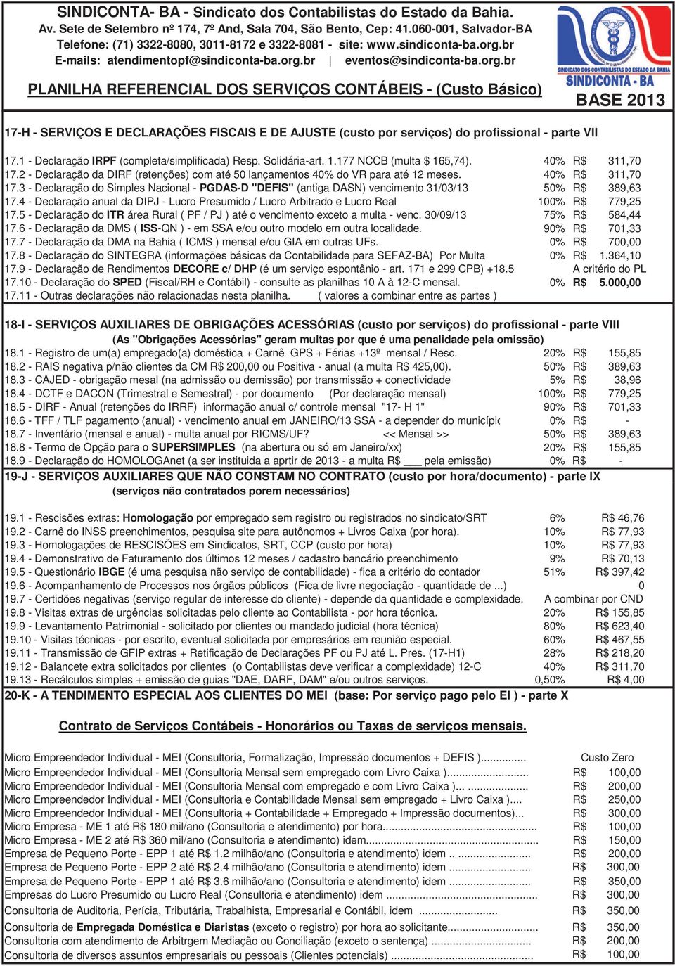 3 - Declaração do Simples Nacional - PGDAS-D "DEFIS" (antiga DASN) vencimento 31/03/13 50% R$ 389,63 17.4 - Declaração anual da DIPJ - Lucro Presumido / Lucro Arbitrado e Lucro Real 100% R$ 779,25 17.