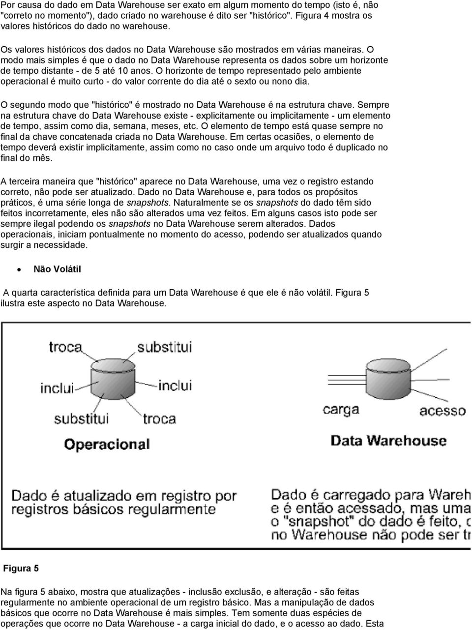 O modo mais simples é que o dado no Data Warehouse representa os dados sobre um horizonte de tempo distante - de 5 até 10 anos.