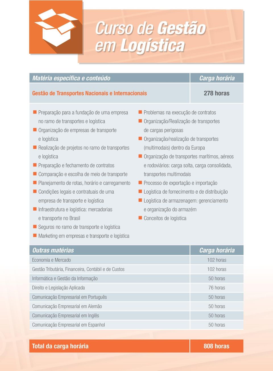 Planejamento de rotas, horário e carregamento Condições legais e contratuais de uma empresa de transporte e logística Infraestrutura e logística: mercadorias e transporte no Brasil Seguros no ramo de