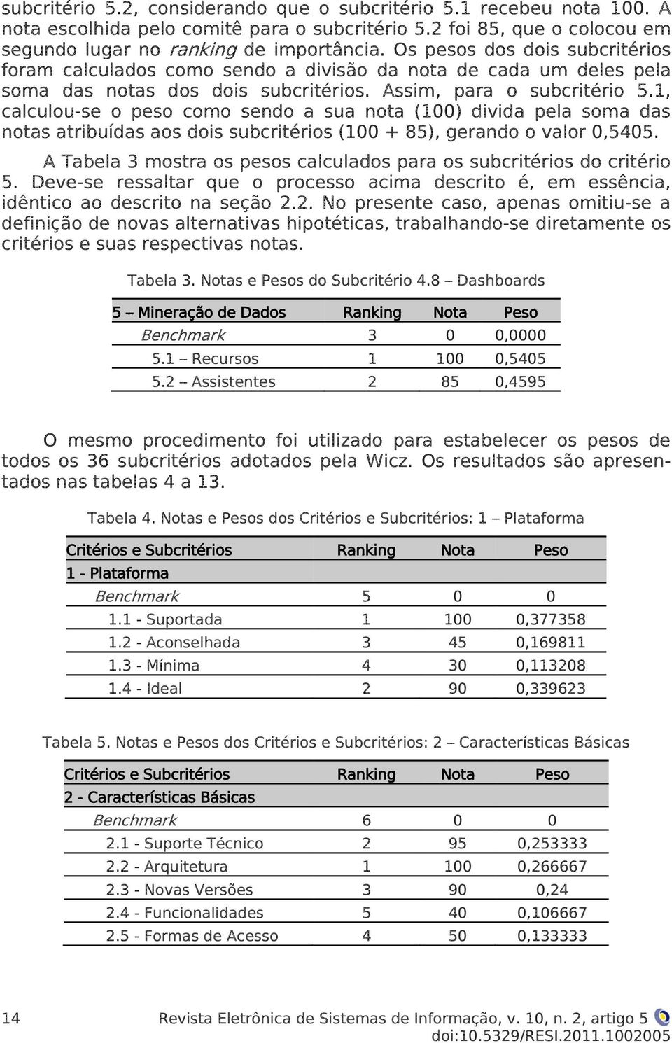 1, calculou-se o peso como sendo a sua nota (100) divida pela soma das notas atribuídas aos dois subcritérios (100 + 85), gerando o valor 0,5405.