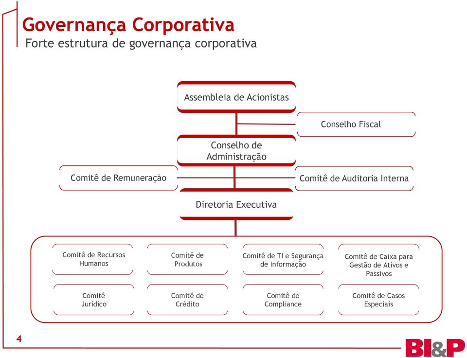 Comitê de Recursos Humanos Comitê de Produtos Comitê de TI e Segurança de Informação Comitê de Caixa